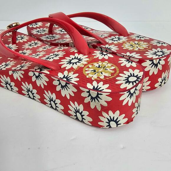 Tory Burch Red Flower Print Wedge Heel Flip Flop Sandals Women's Size Unmarked - Picture 6 of 12